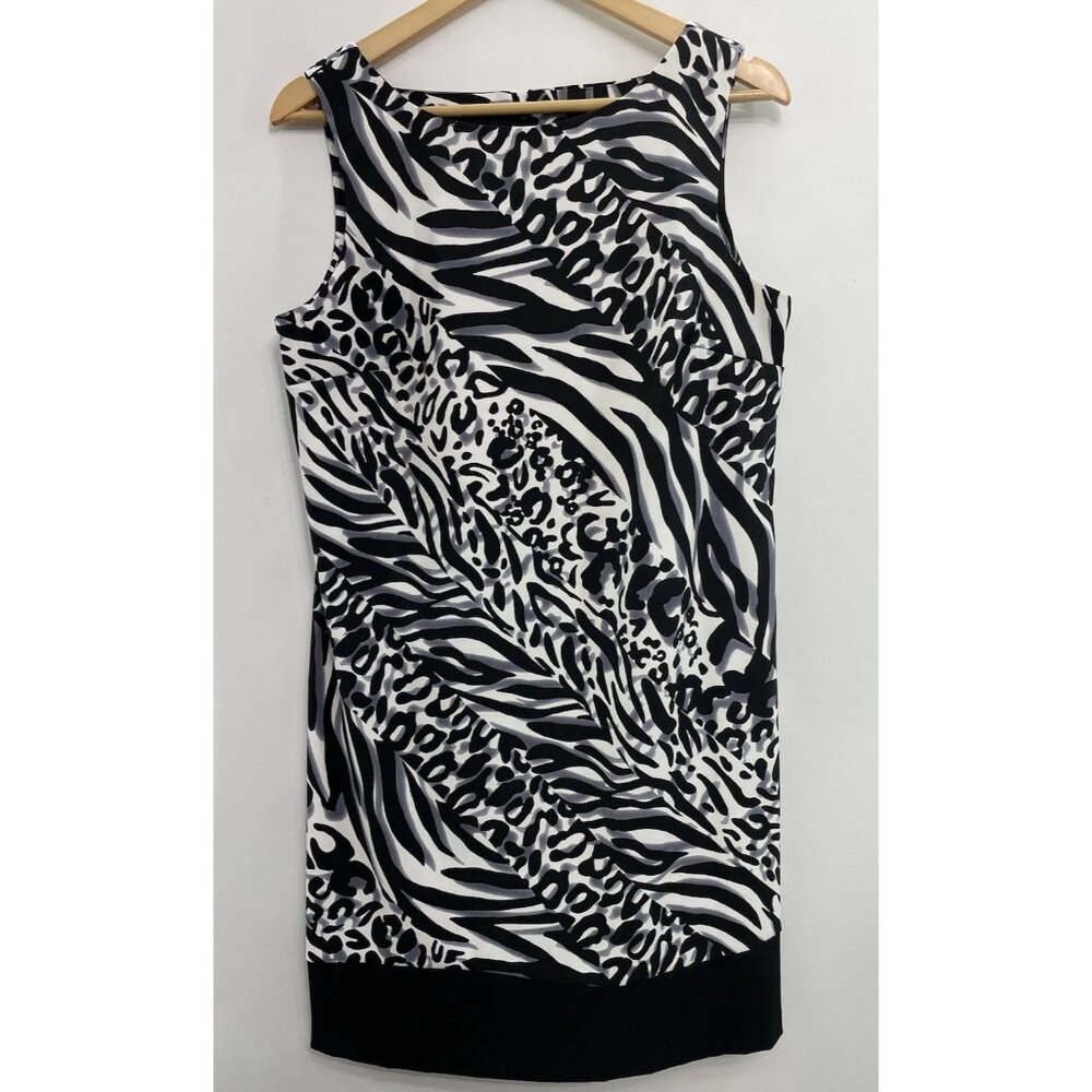 AB Studio Shift Dress Sleeveless Animal Print Stretch Black White Women 14